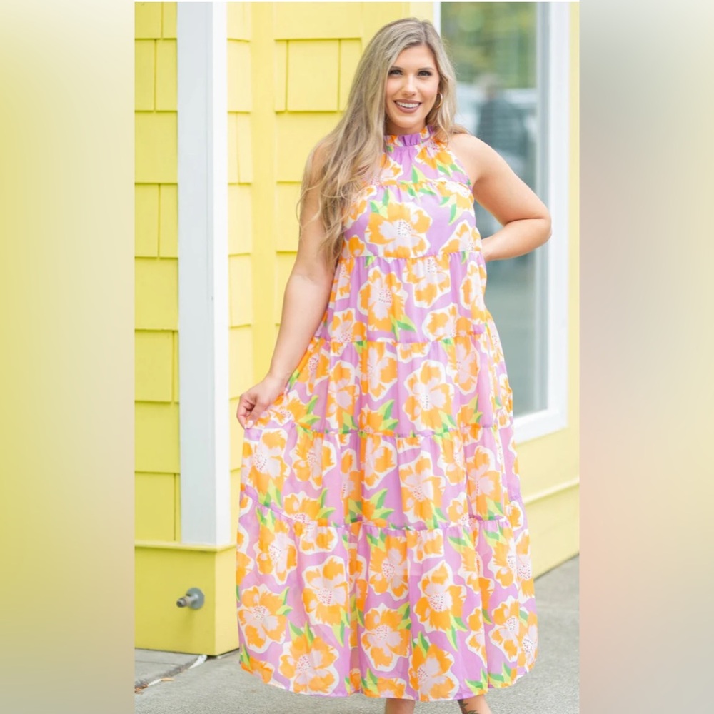 NWT Michelle McDowell Bethany Halter Maxi Dress Sea Flower Lilac Tiered Women Lโ